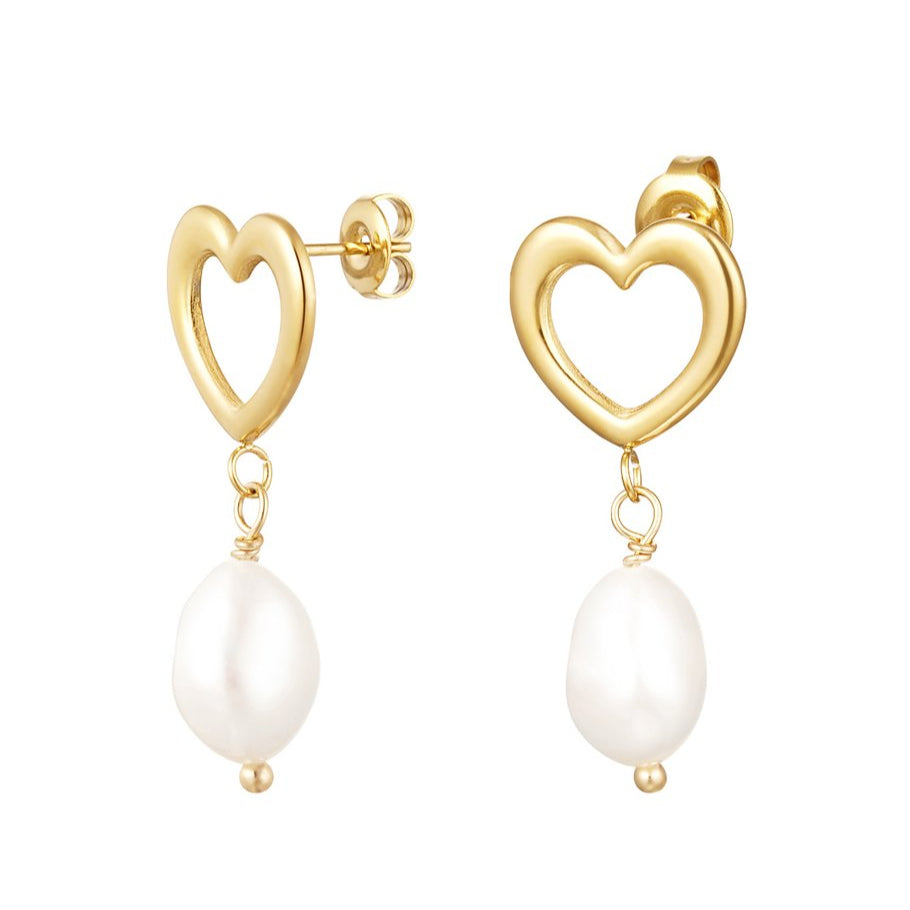 Gold Heart Earrings with Pearl Drop