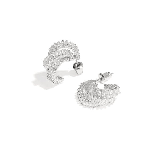 Silver Crystal Hoop Stud Earrings